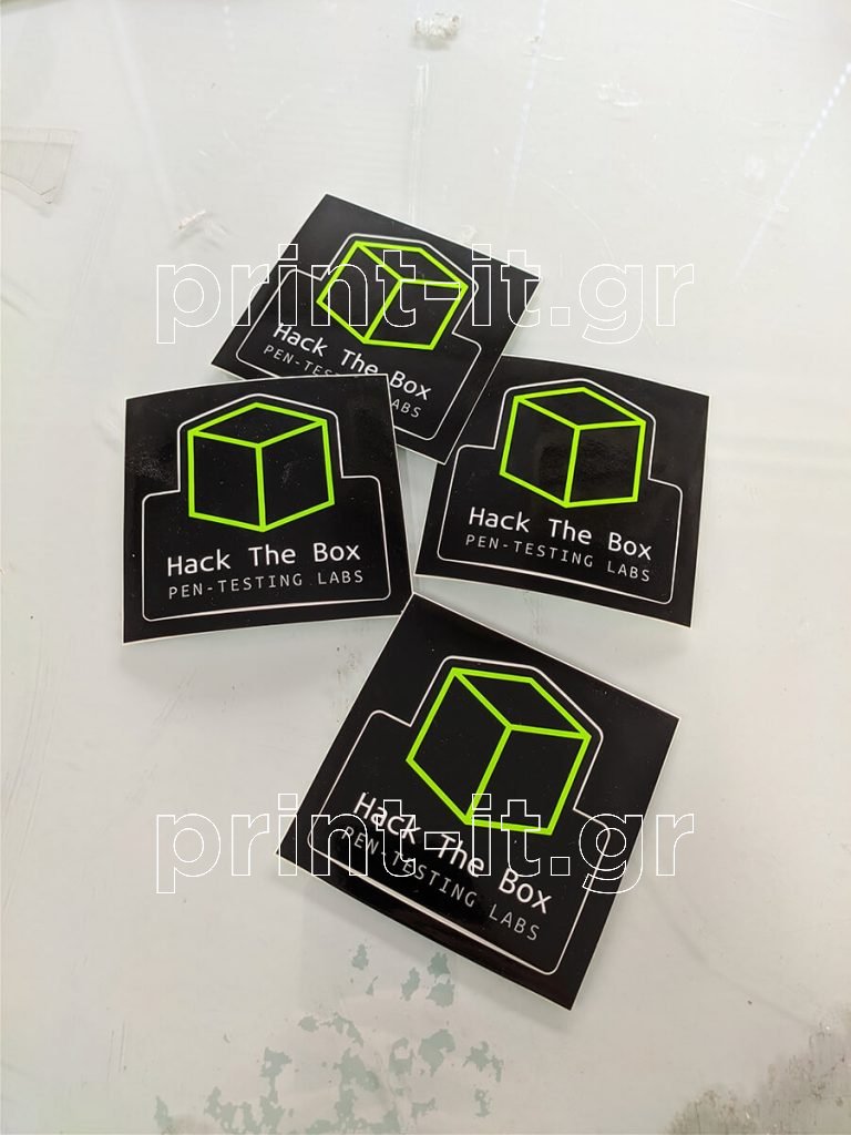 λευκά διαφημιστικά αυτοκόλλητα hackthebox hack the box tech brand με περιμετρική χάραξη και δίχρωμη εκτύπωση μεταξοτυπίας print-it print it