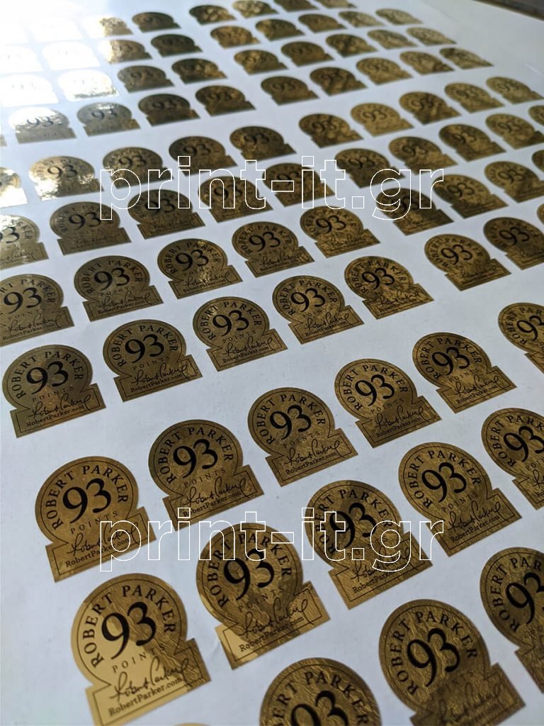 χρυσά πολυεστερικά polyester αυτοκόλλητα robert parker roberparker.com με μαύρη εκτύπωση μεταξοτυπίας print-it printit